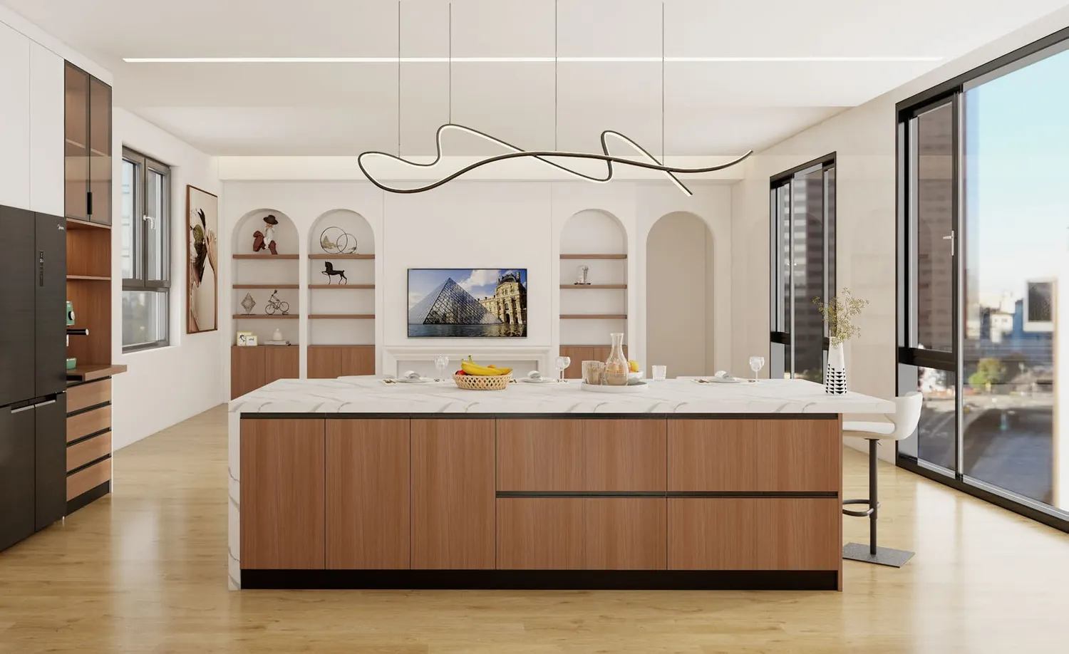 Central island in light timber with integrated fronts and a bar area.