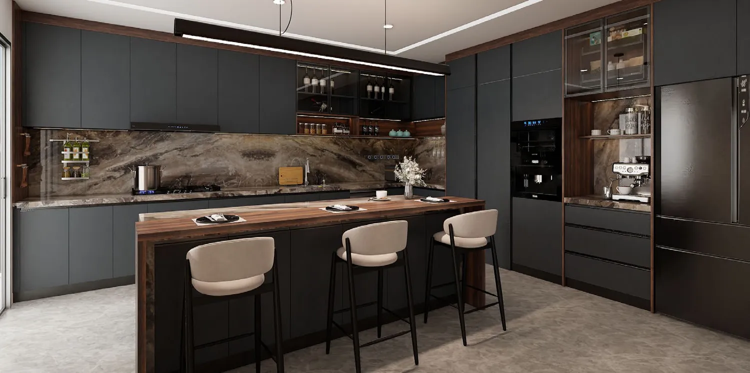 Dark-toned kitchen with island, integrated extractor and service area.