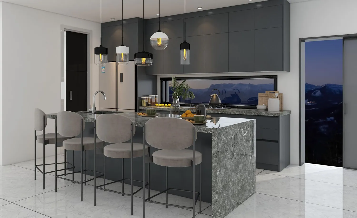 Matt grey cabinetry with stone worktop and an outside view.