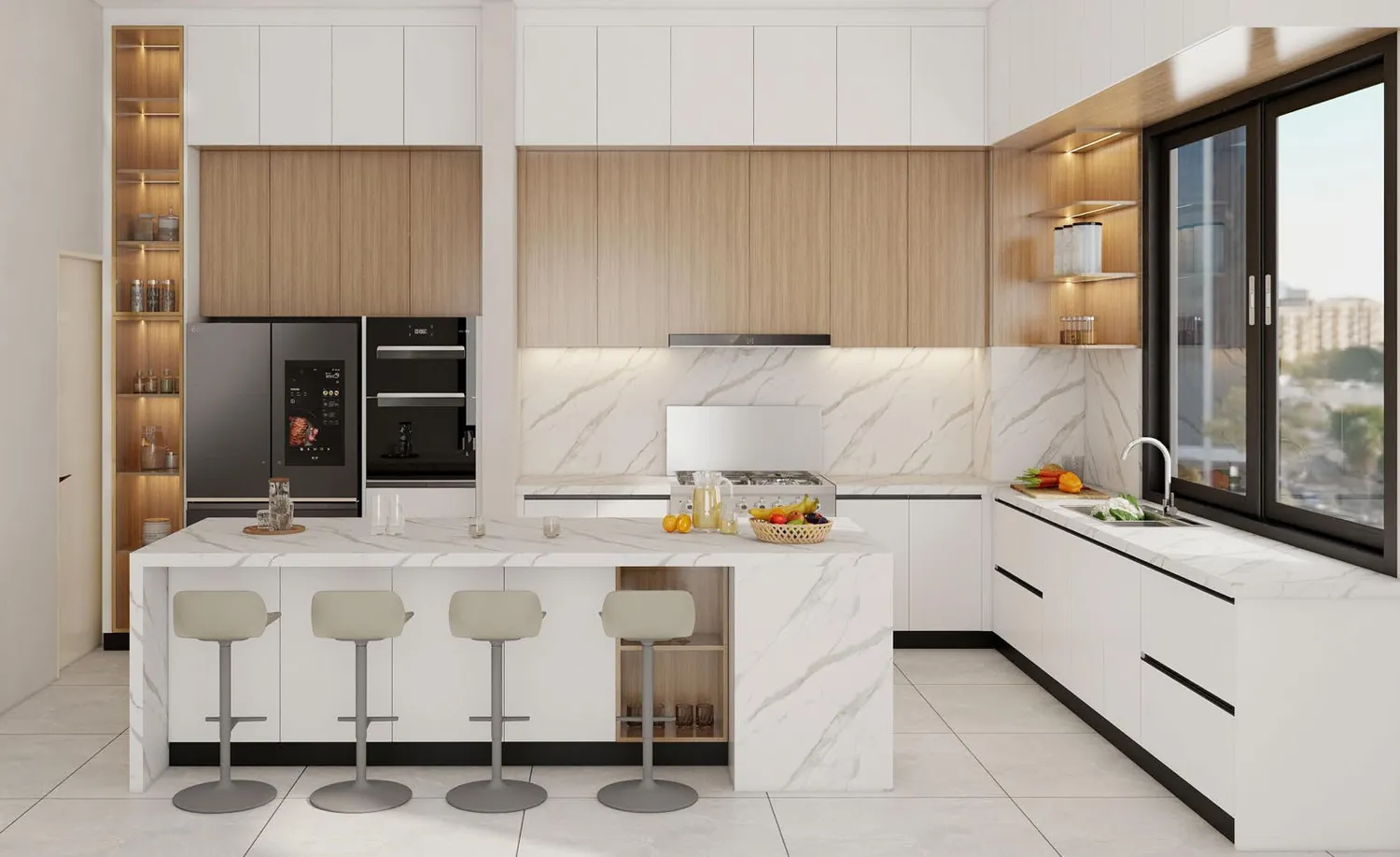 White kitchen with quartz worktop and handleless fronts.