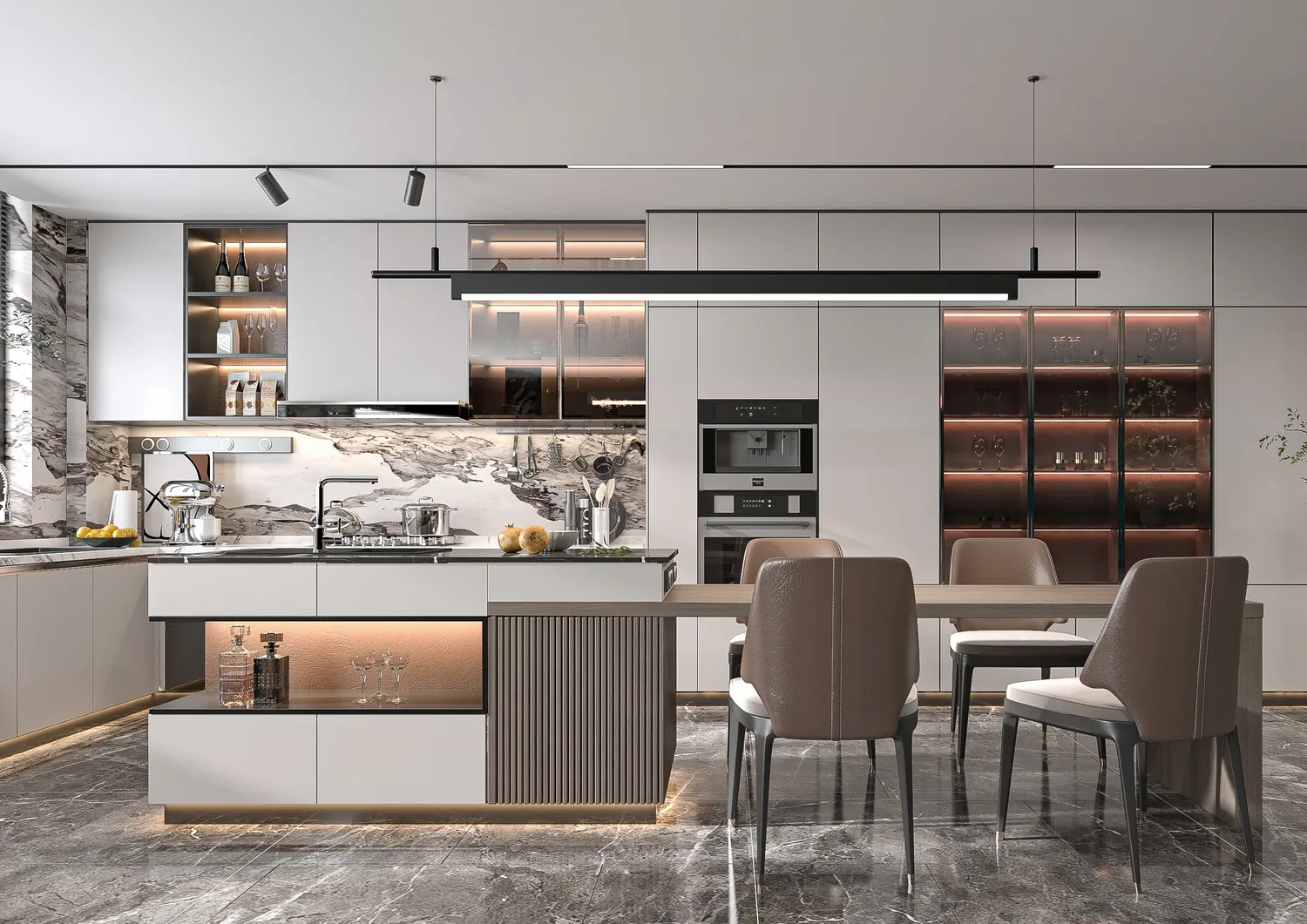 Linear composition in warm timber with an appliance column.
