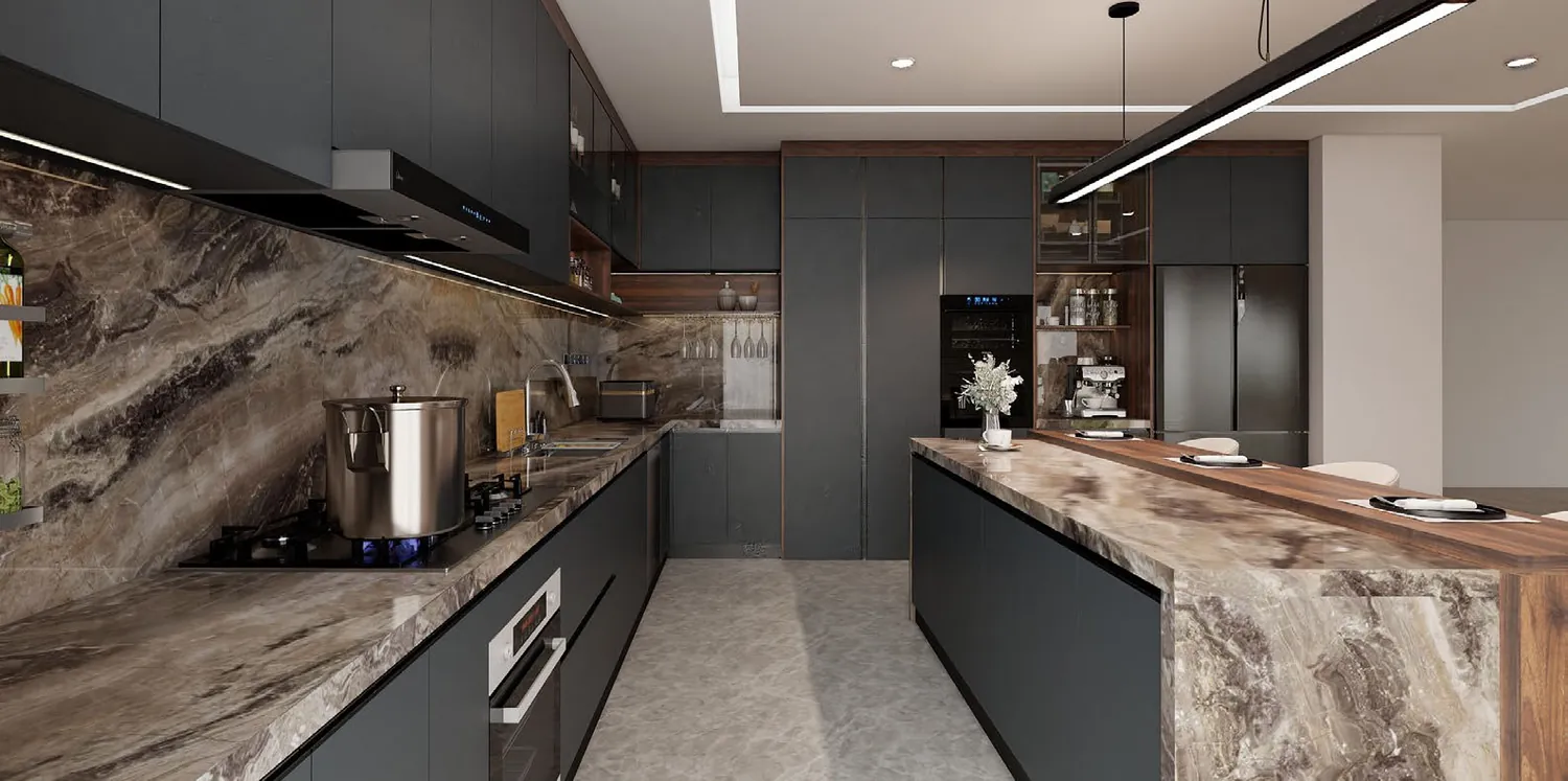 Galley kitchen with a wide island and high storage.