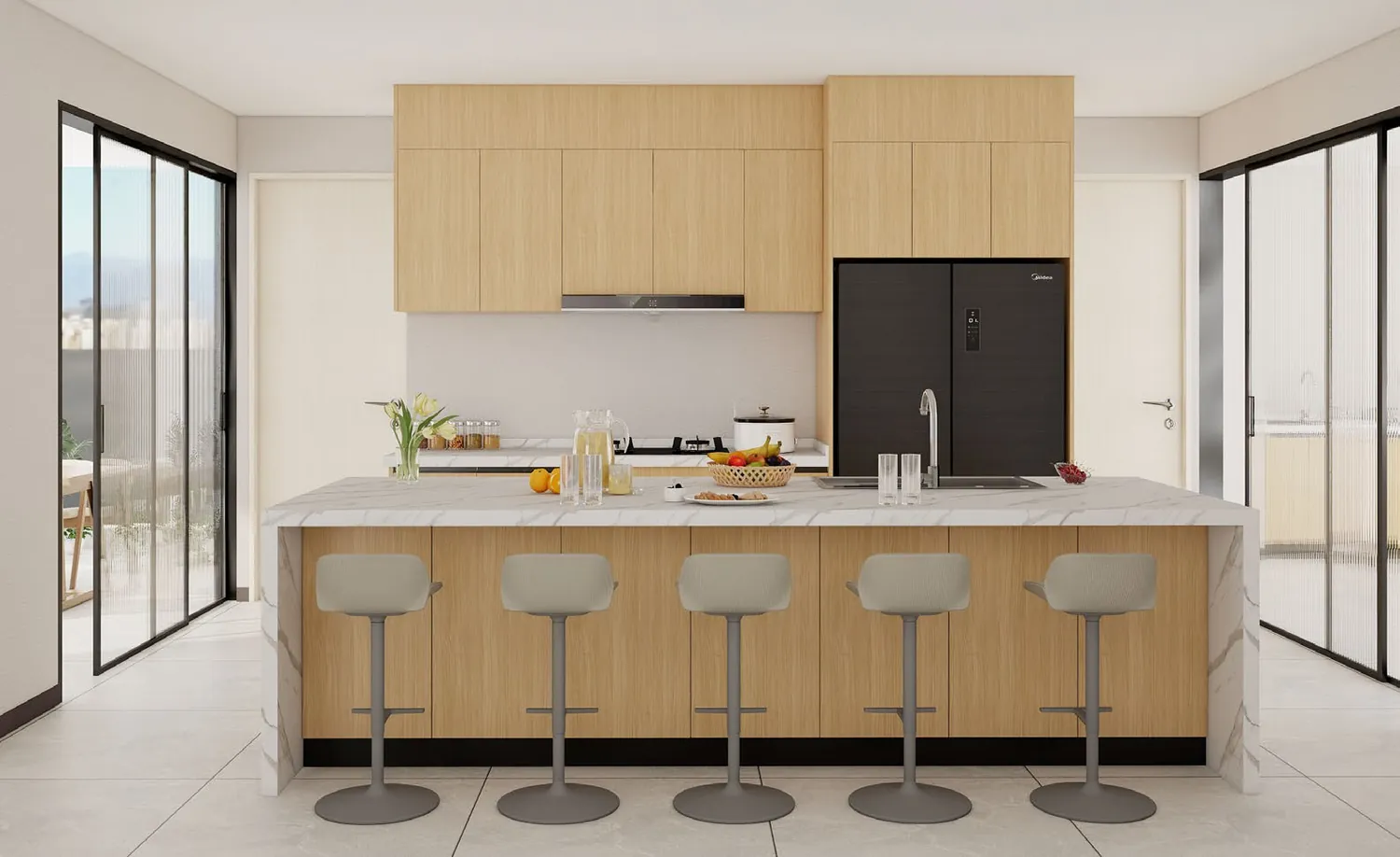 Light timber kitchen with island and stools.