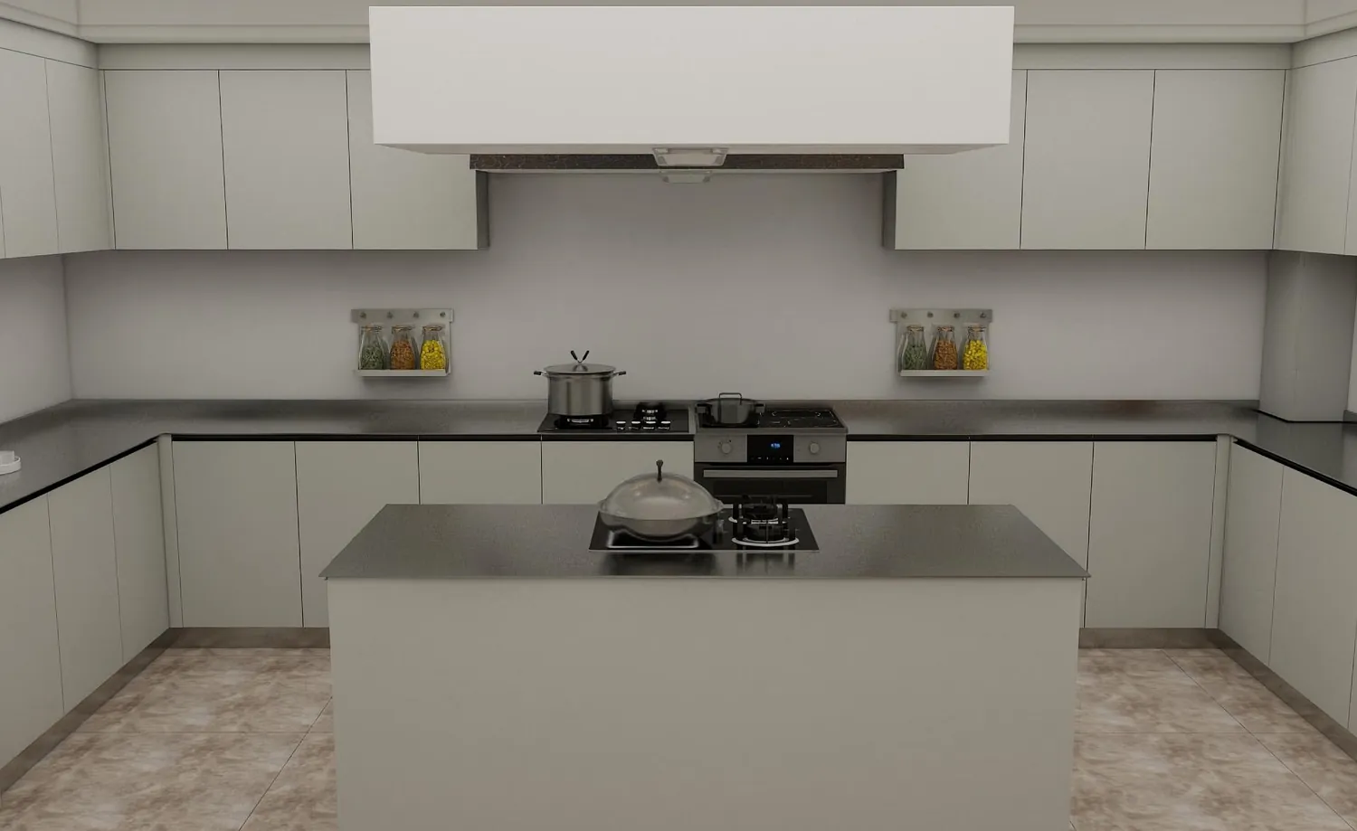 Light grey kitchen with a continuous handleless front.