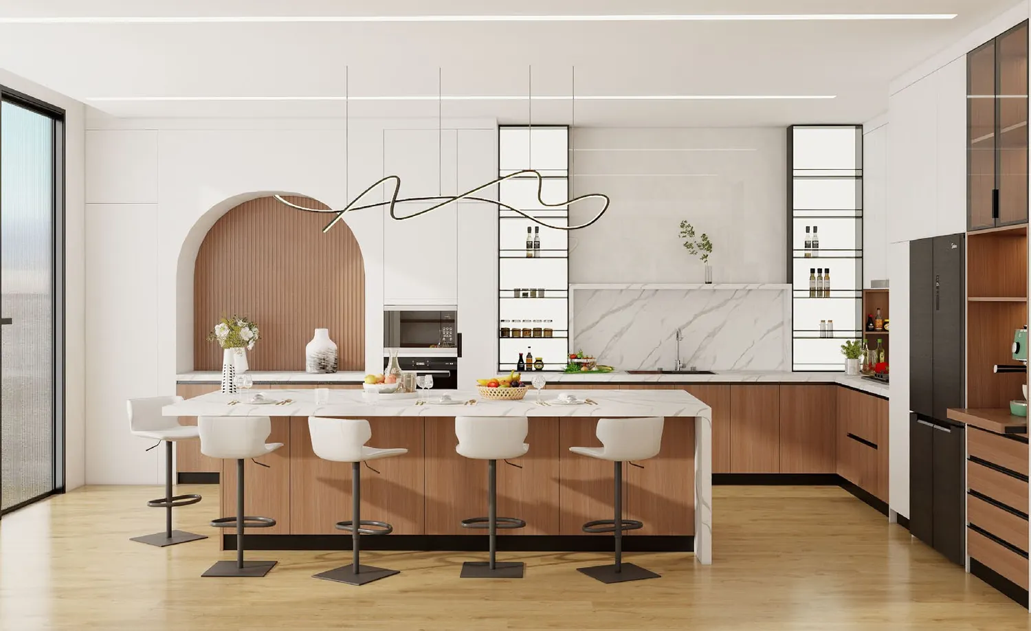 Open kitchen with two islands and a dining area.
