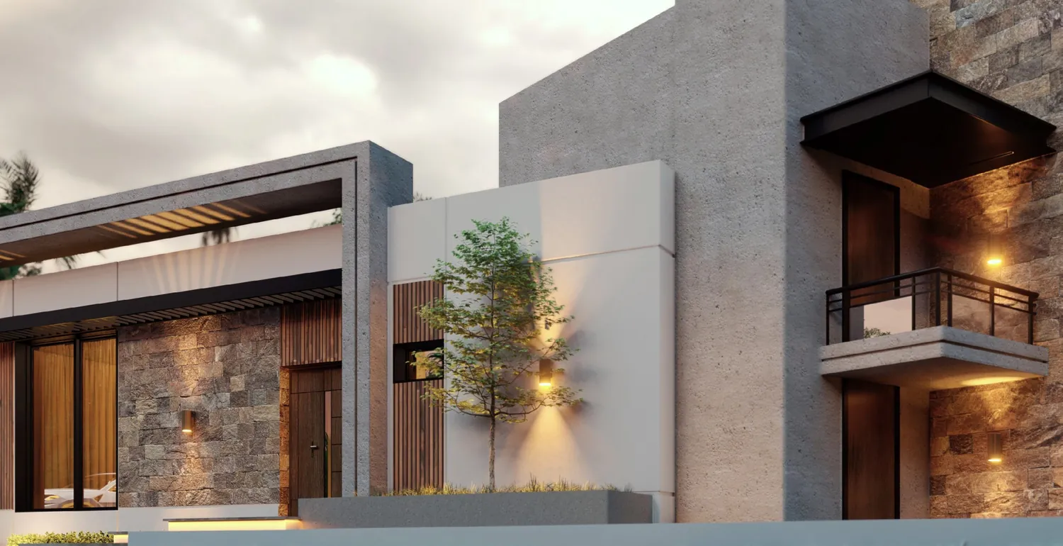Façade lit with wall-integrated fittings.