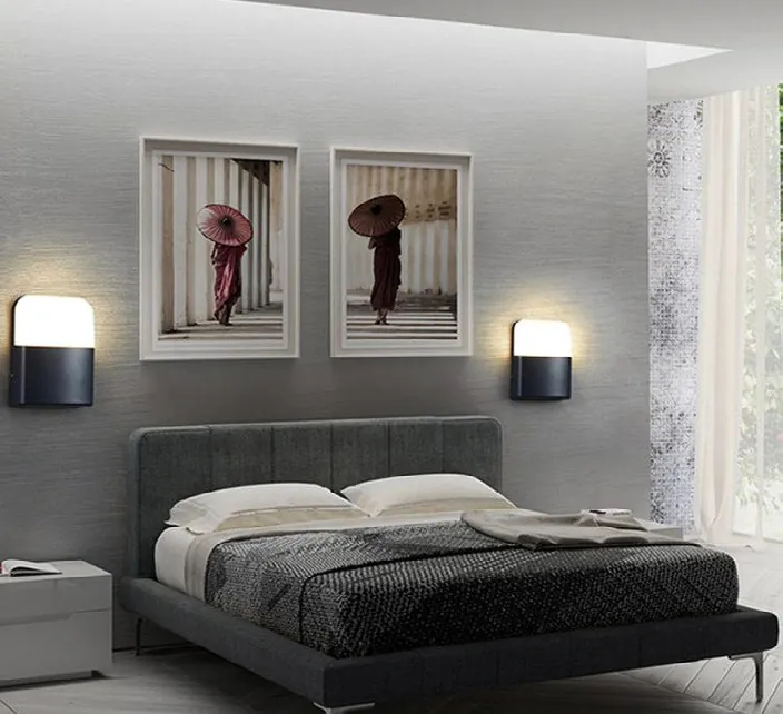 Bedroom with wall lights beside the headboard.