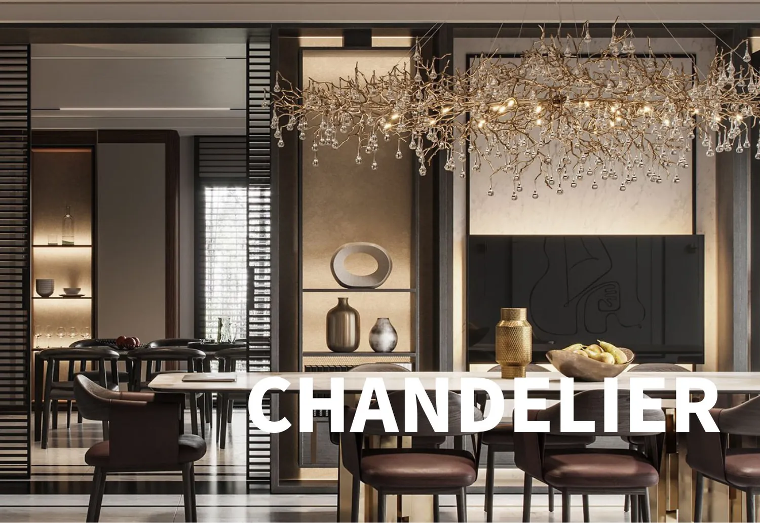Dining room with a designer pendant light.