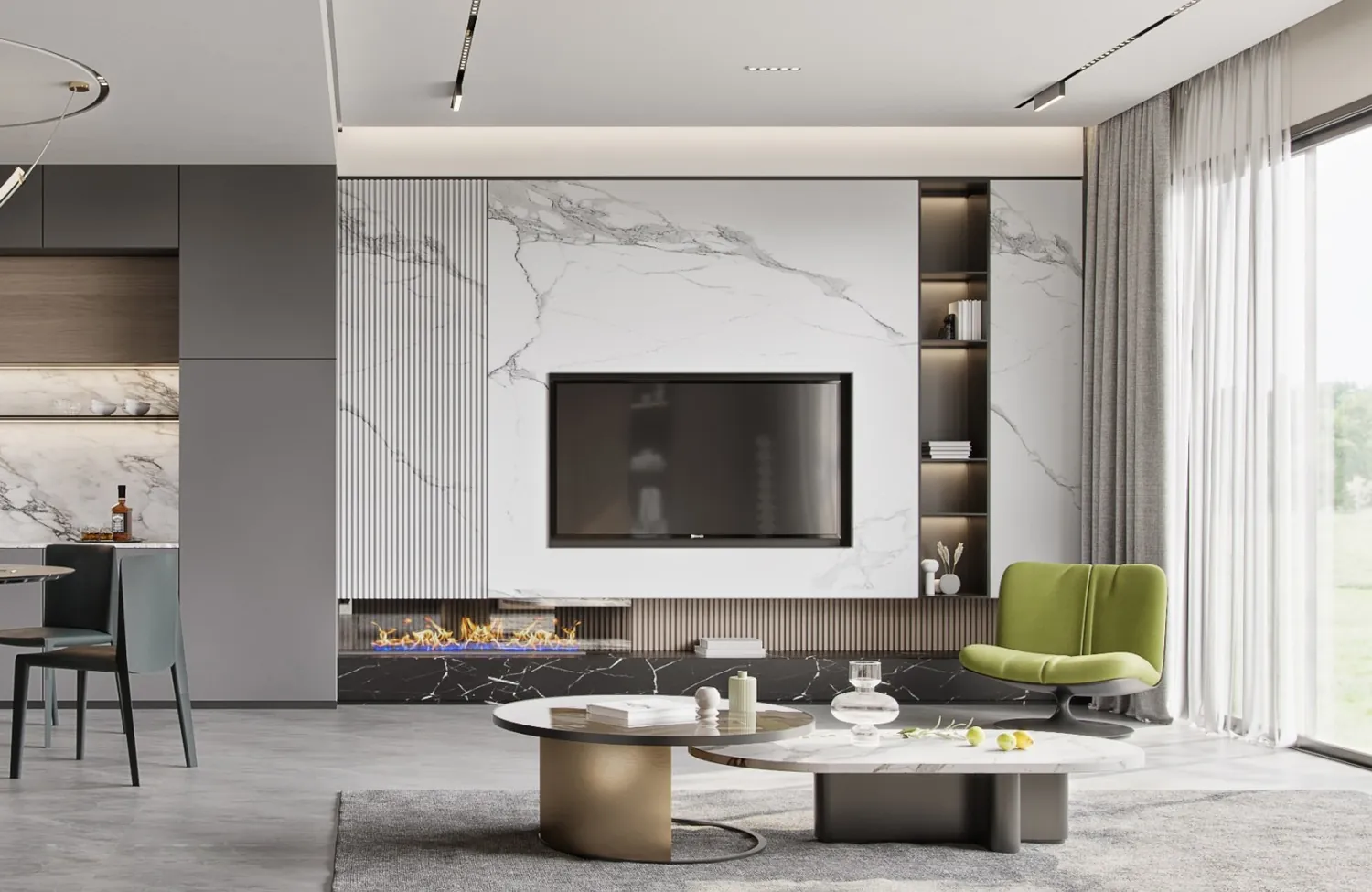 Living room with fireplace, fluted panel and marble front.