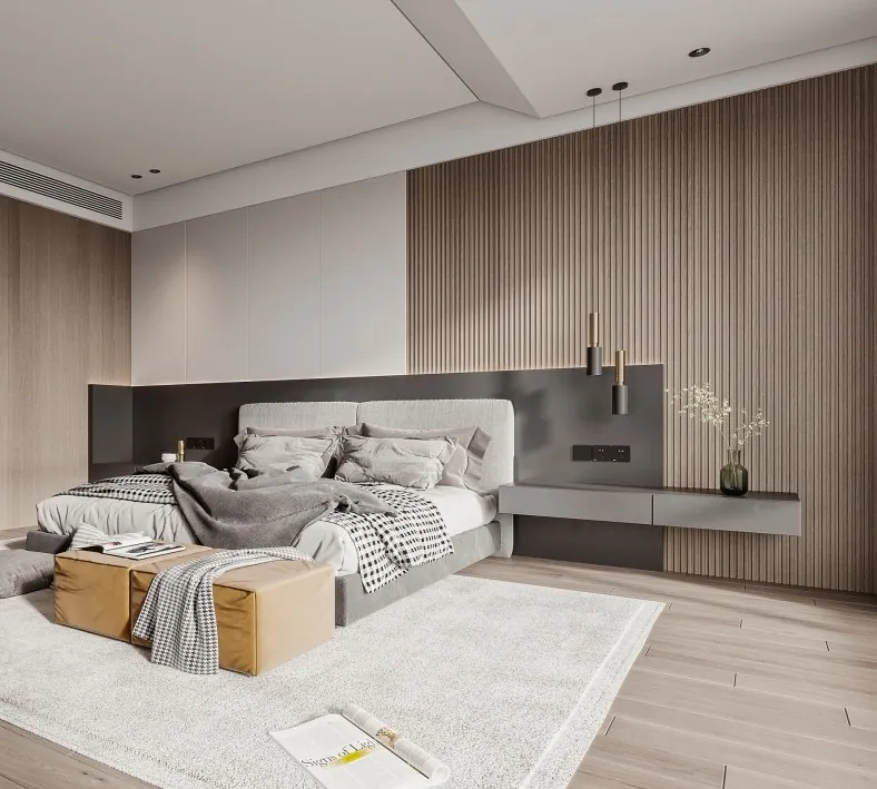 Bedroom with a fluted timber headboard wall.