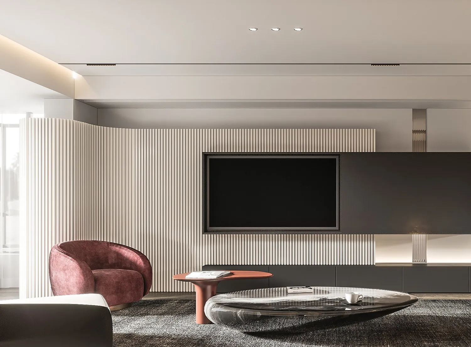 TV zone with acoustic panel and integrated storage.