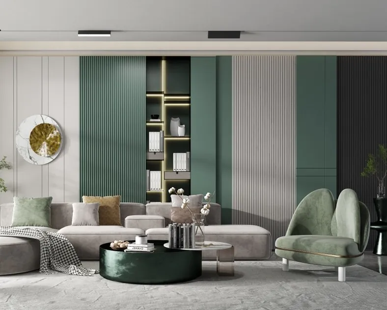 Living room with vertical panels and bespoke furniture.