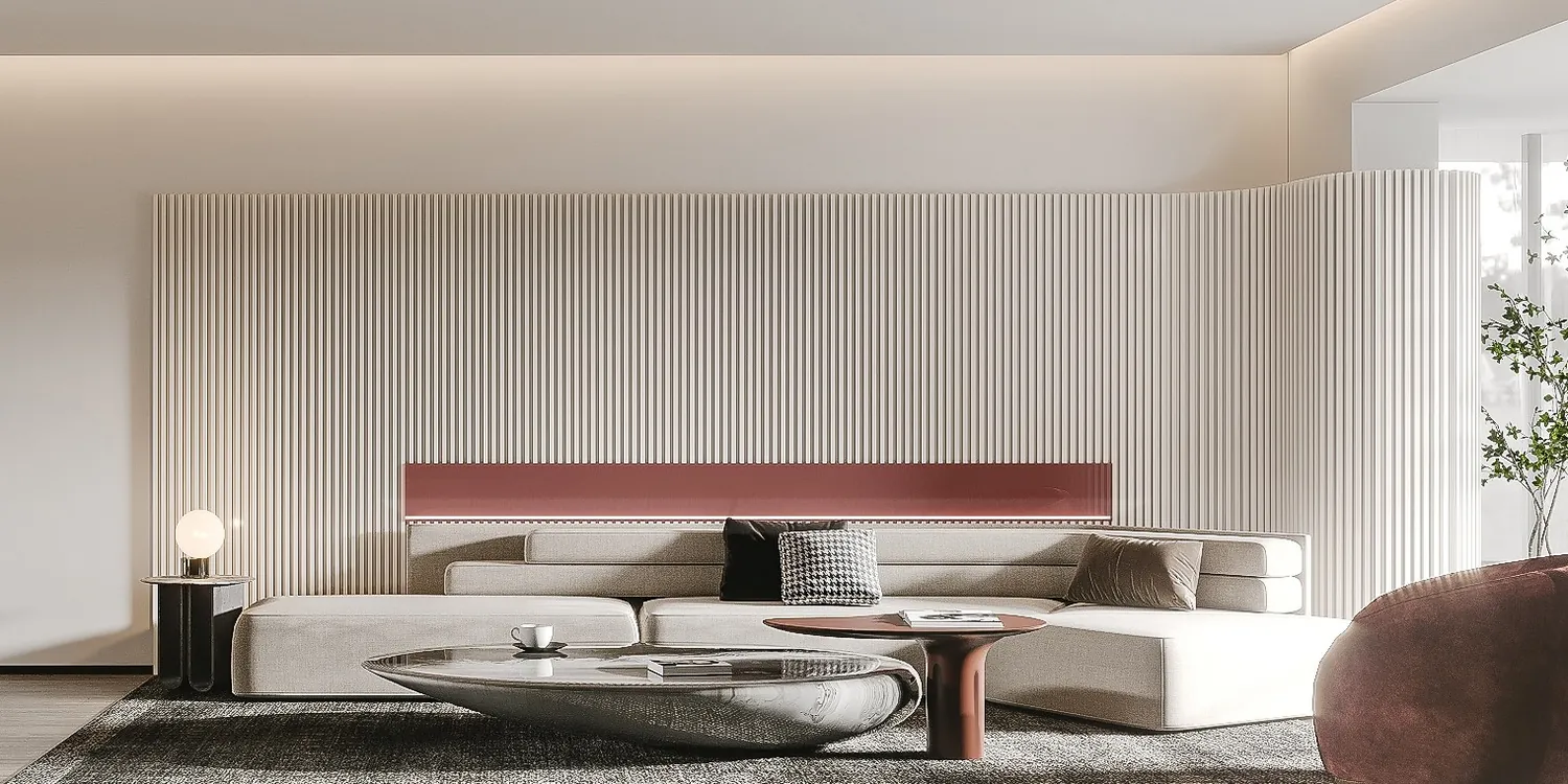 Living room with a continuous panel and built-in furniture.