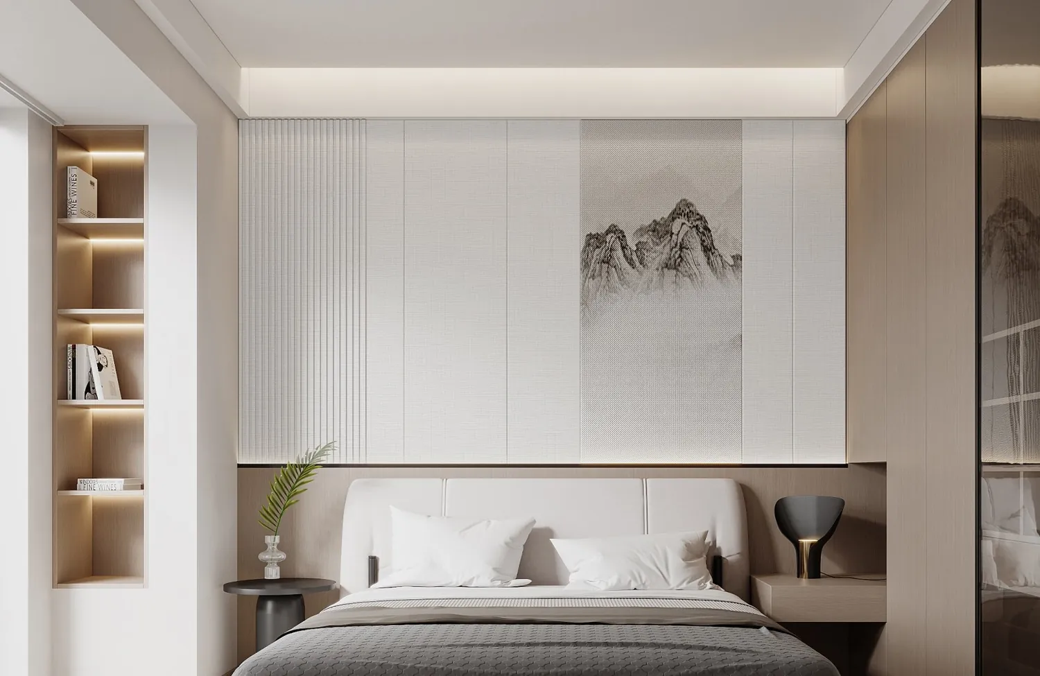 Headboard with vertical panelling and floating bedsides.