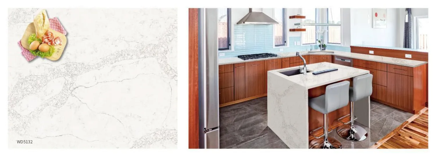 White quartz worktop over timber cabinetry.