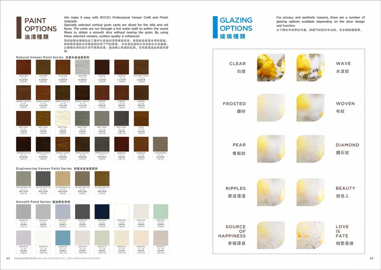 Sample board of available finishes and glazing for doors.