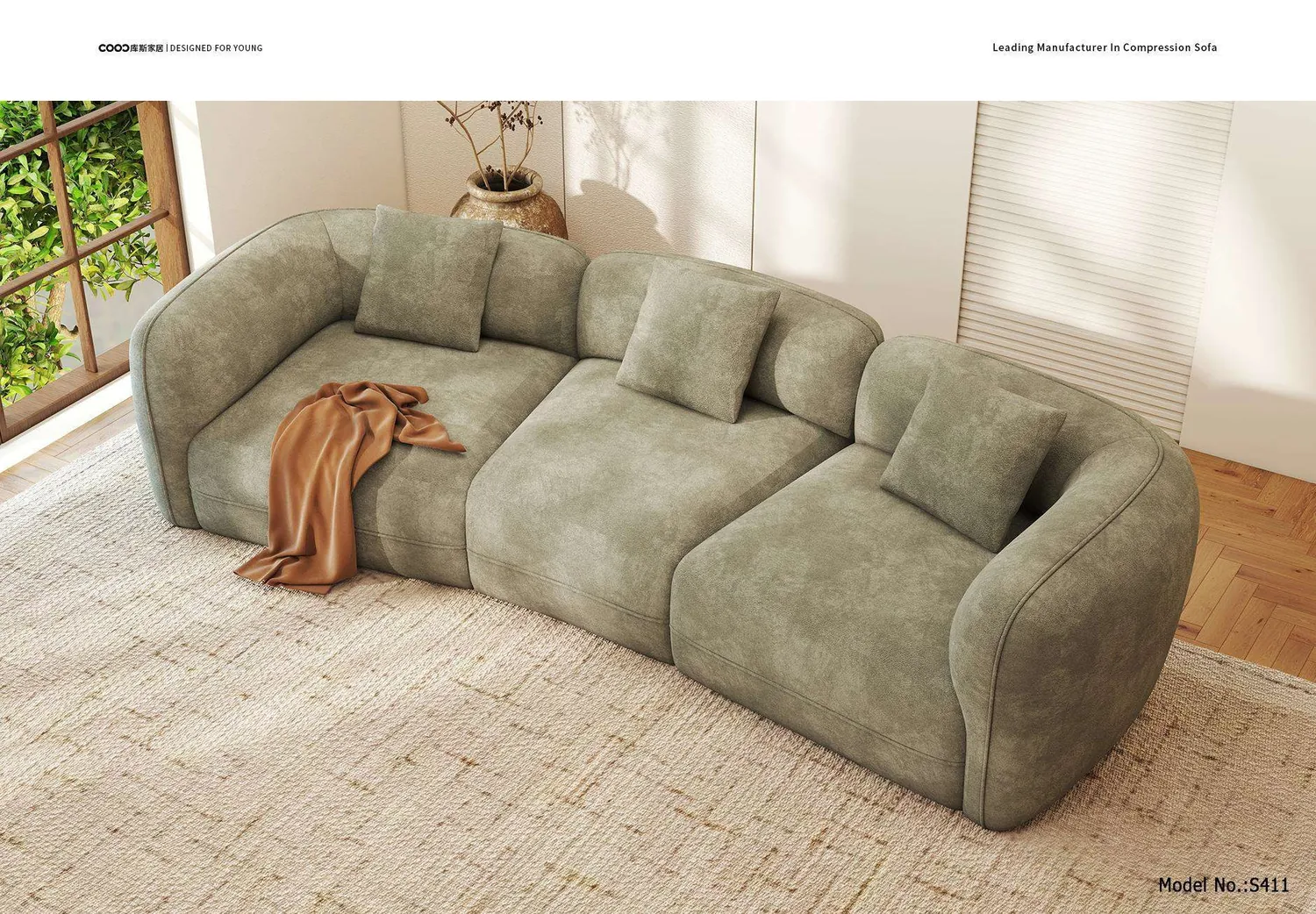 Modular sofa in olive green with a side table.