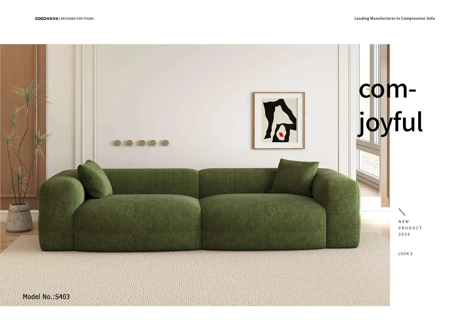 Three-seat sofa in green fabric.