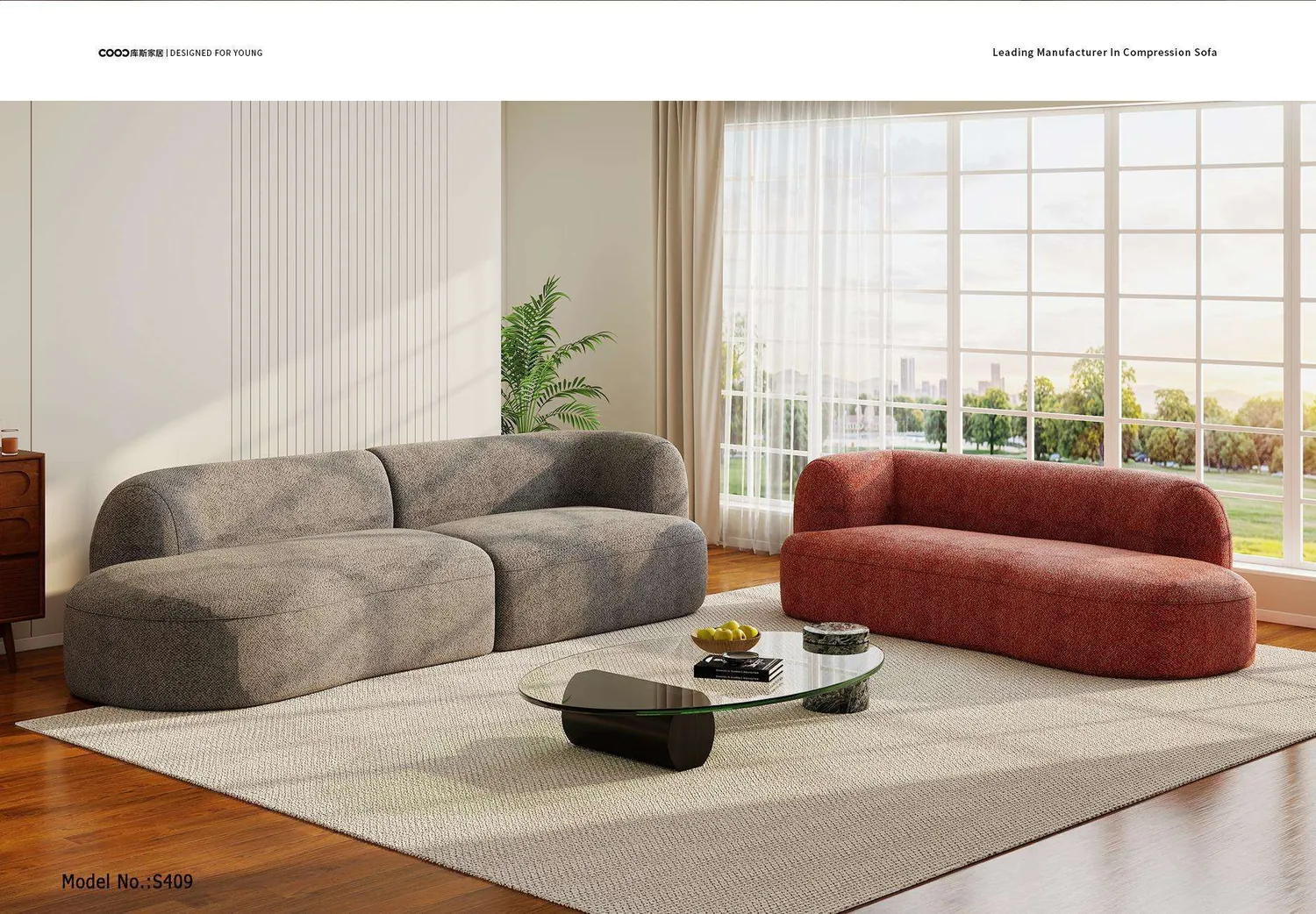 Living room with sofas in grey and terracotta.
