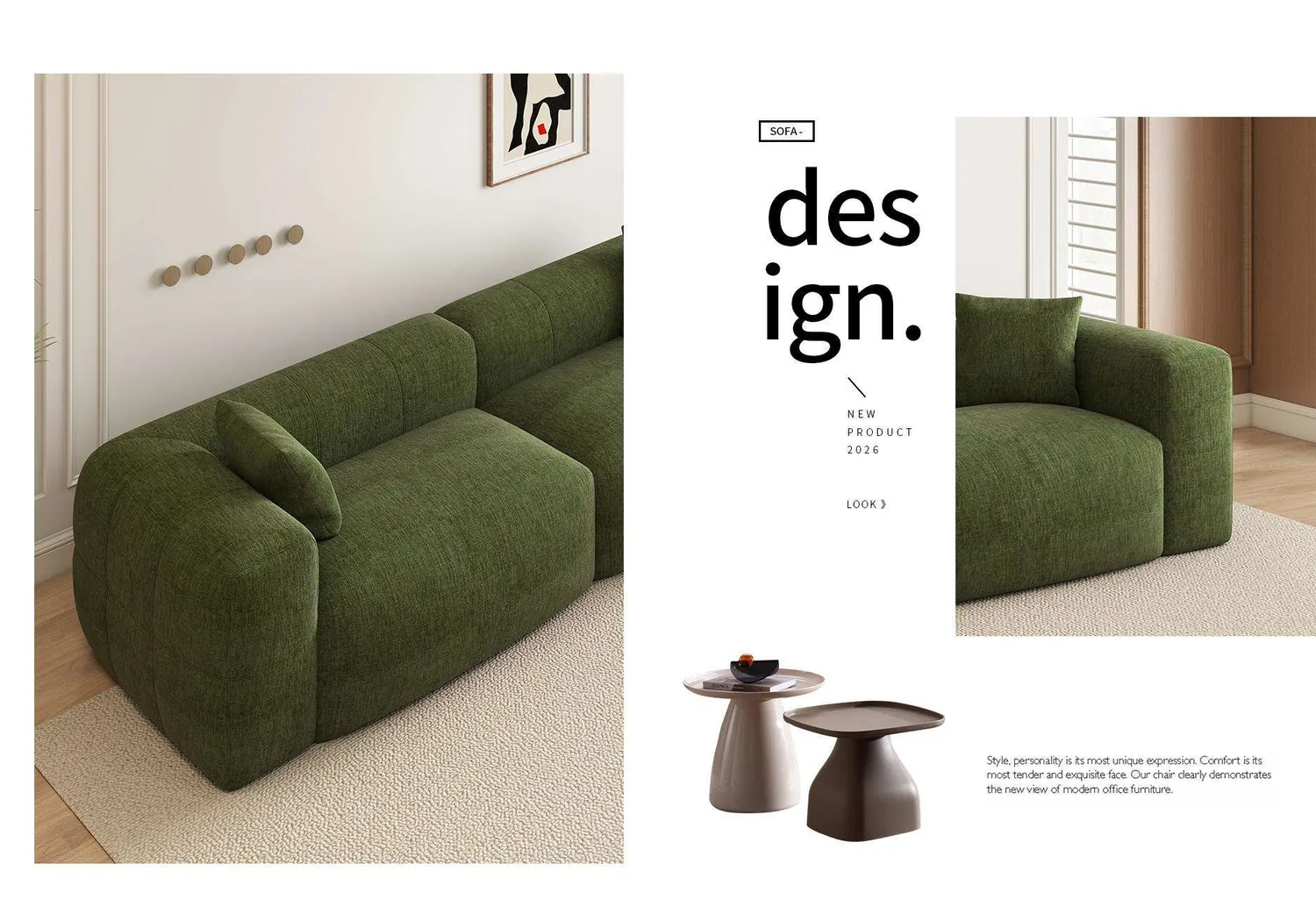 Sofa with chaise longue in olive green.